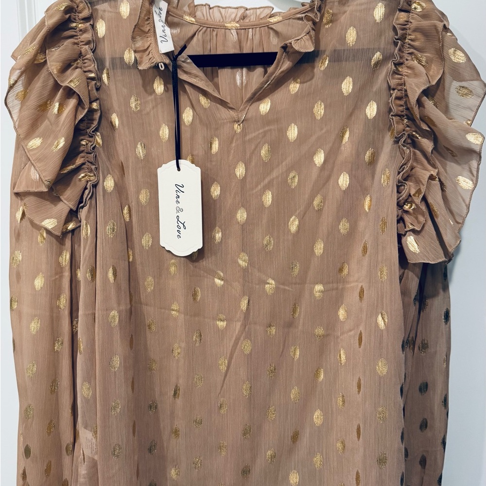 Vine & Love Gold Polka Dot Sheer Ruffle Blouse 👚✨